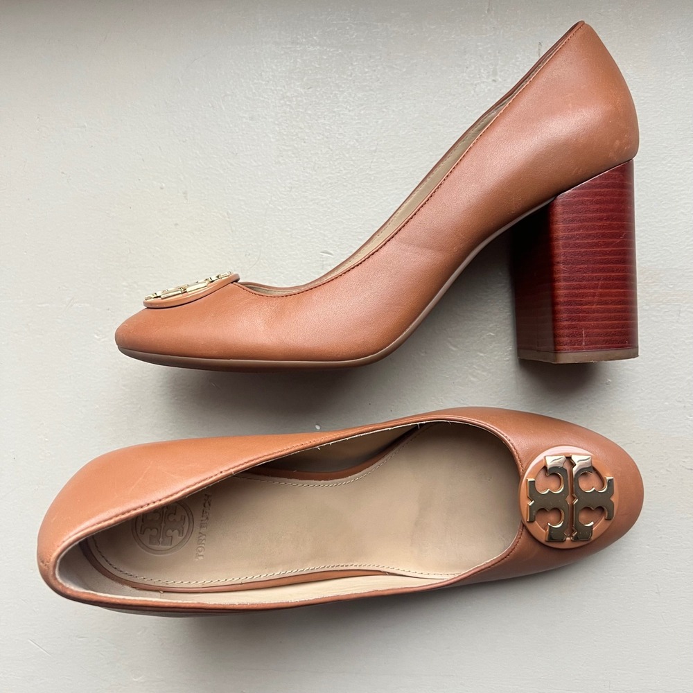 Tory Burch Janey Women 10.5 Tan Brown Leather Block Wood Grain Heel Logo Pump